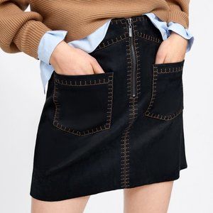 NWT Zara Size L Black Faux Suede Mini Topstitch Skirt